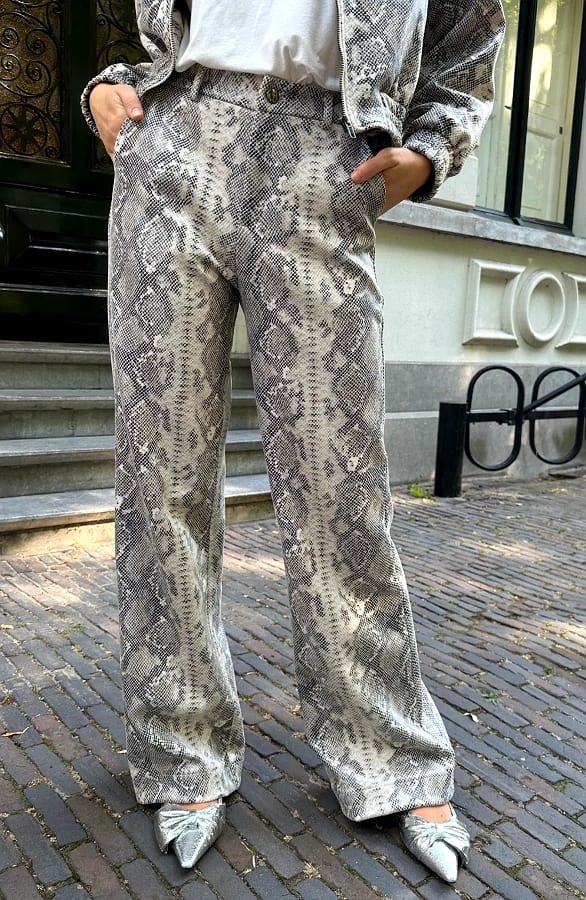Wide Leg Slangenprint Broek Beige