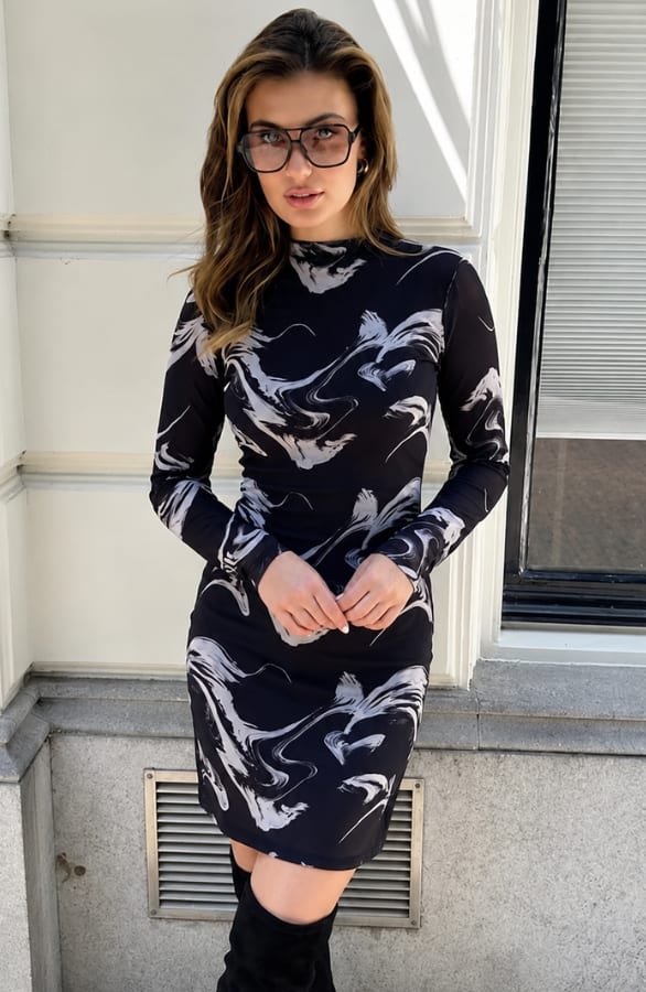 Elegant Mesh Dress Print Black Beige – alle jurkjes, foto 3