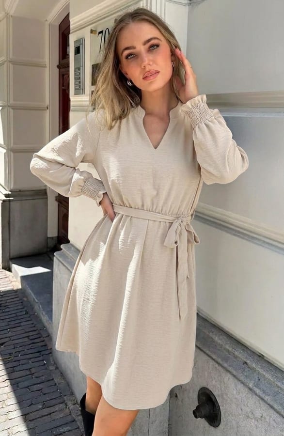 Smocked Shoulder Dress Beige