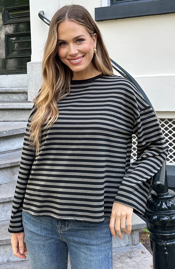 Oversized Gestreepte Katoenen Top Army Zwart