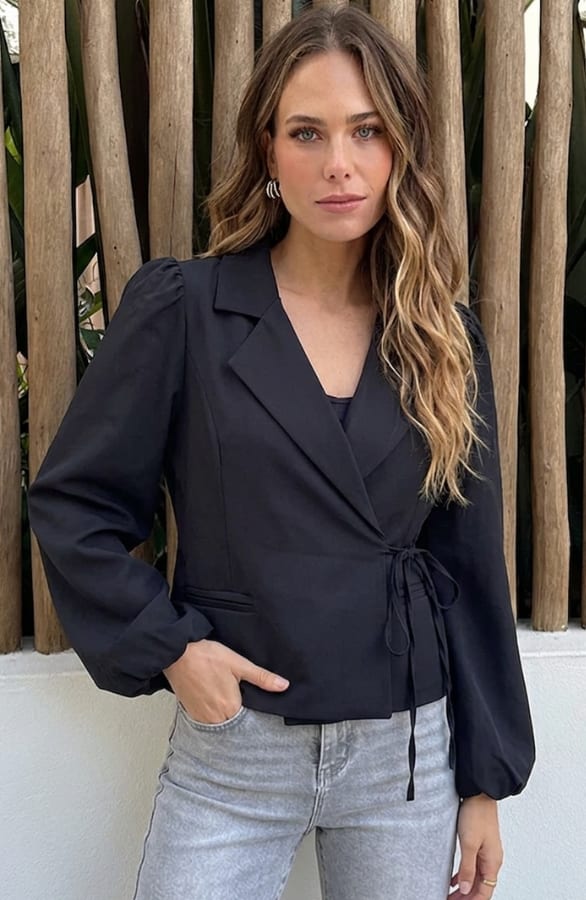 Pofmouwen Wrap Blazer Long Sleeve Zaya Zwart – blazers — foto 4
