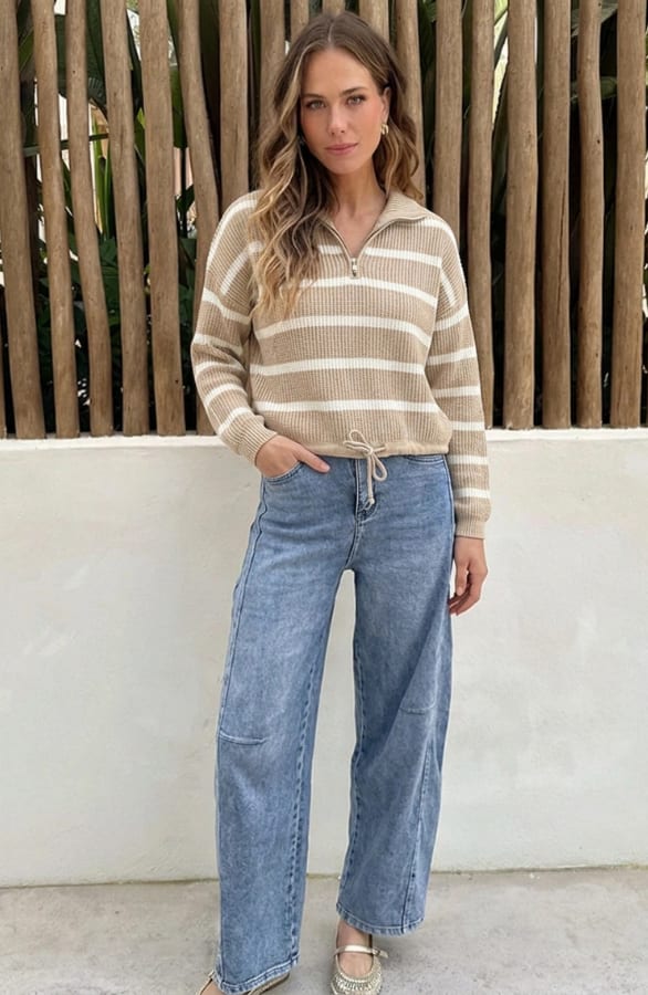 Striped Zipper Pullover Beige – truien — foto 5
