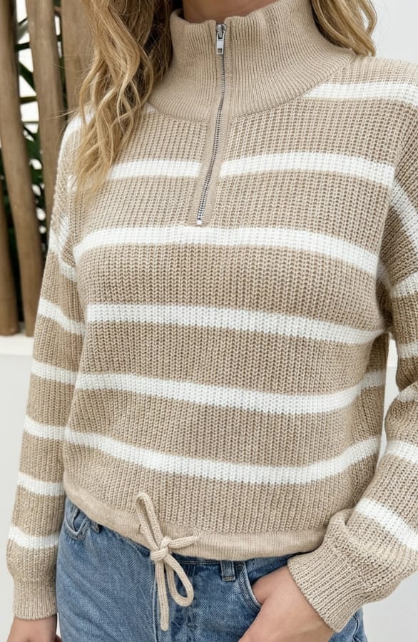 Striped Zipper Pullover Beige – truien — foto 3