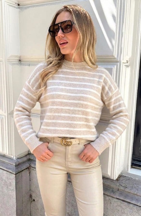 Oversized Gestreepte Sweater Beige Ecru