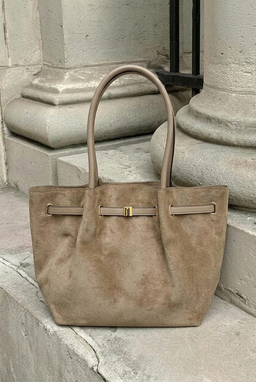 Suede Schoudertas Met Gesp Dark Beige