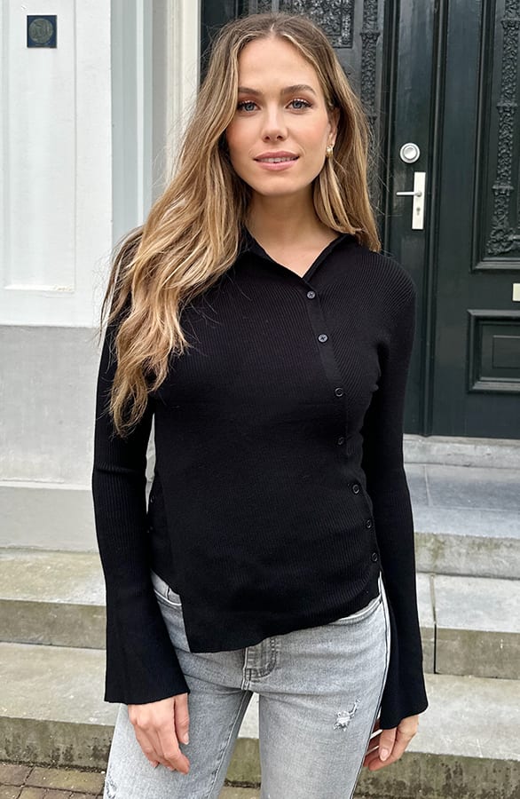 Asymmetrische Button Longsleeve Top Zwart – truien — foto 6