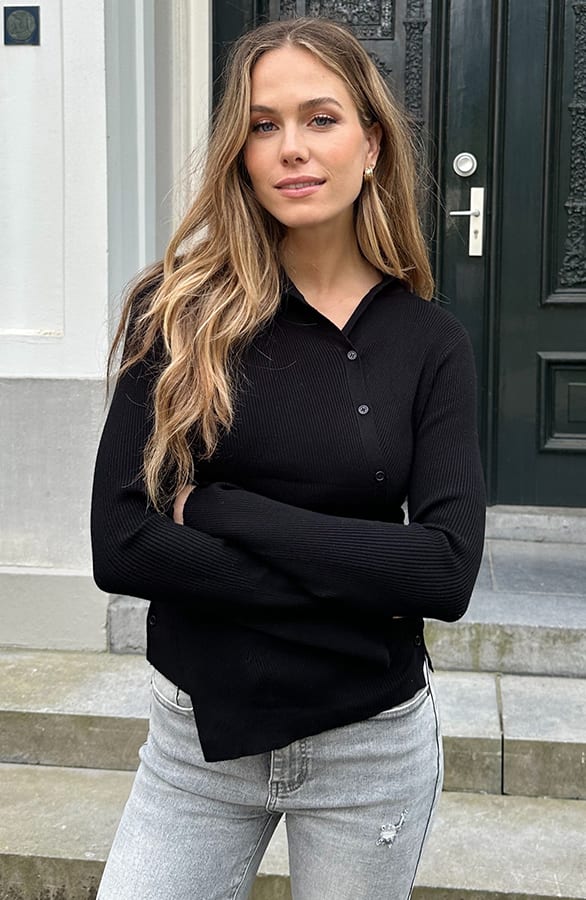 Asymmetrische Button Longsleeve Top Zwart