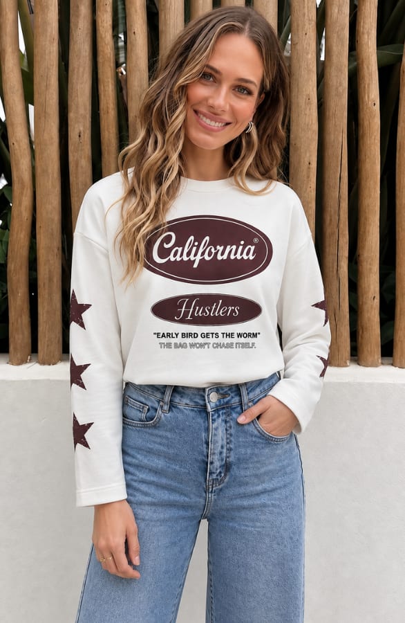 California Hustlers Top Katoen Ecru Choco