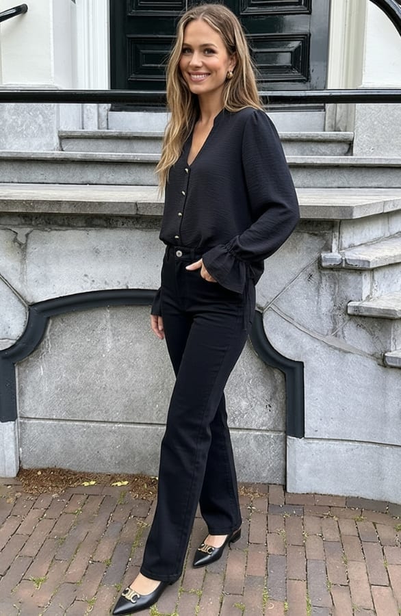 Croissant Button Ruffle Blouse Black – dameskleding, foto 3