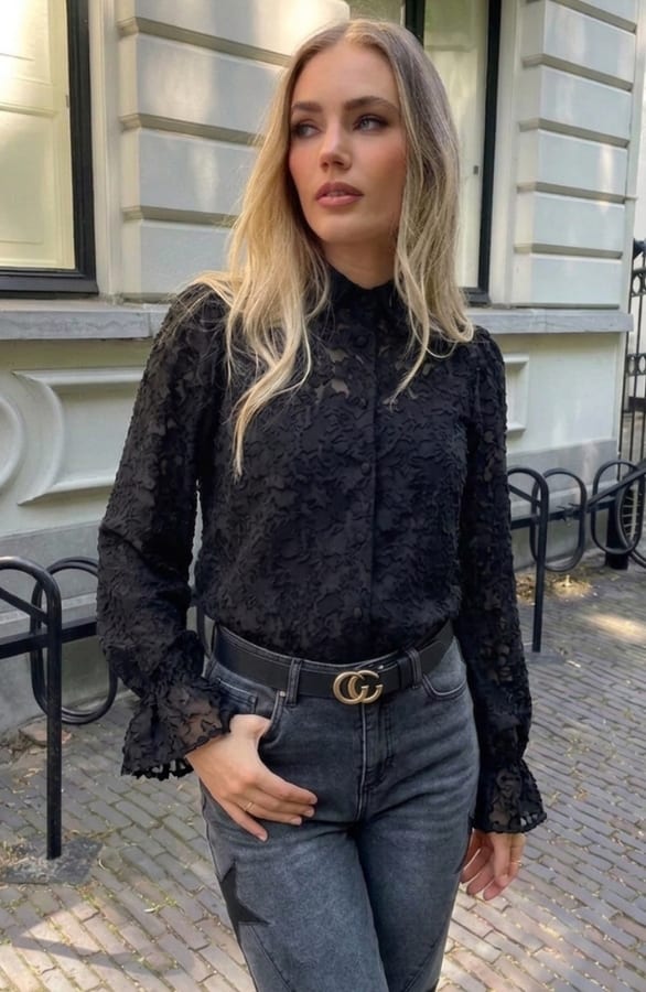 Floral Mesh Blouse Zwart
