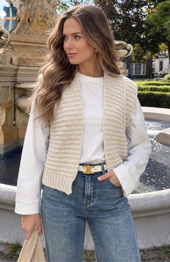 Grof Gebreid Gilet Kiek Beige – vesten, foto 2