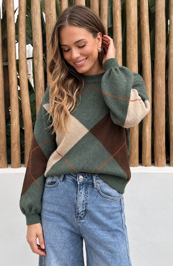 Knitted Color Block Sweater Army – truien, foto 4