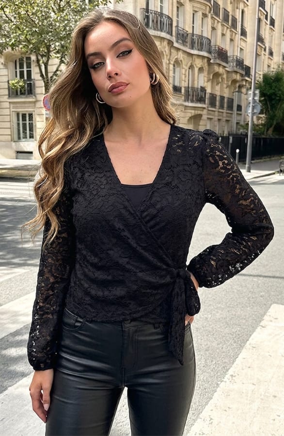 Lace Wrap Blouse Black – shirts & tops, foto 4