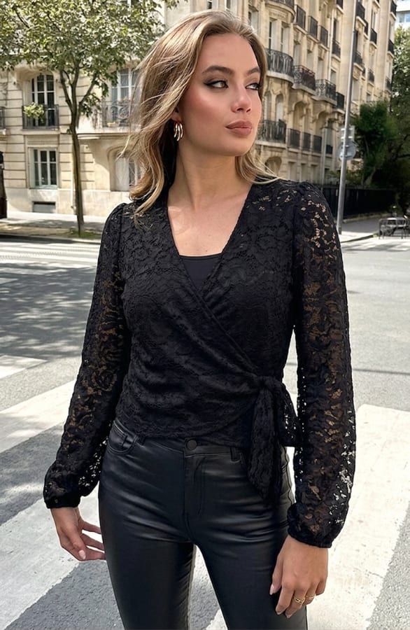 Lace Wrap Blouse Black