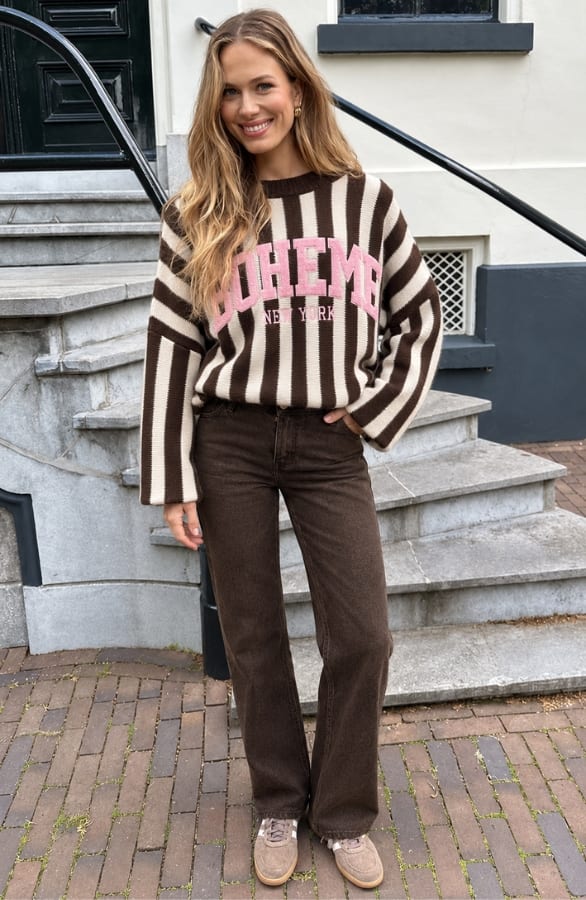 Oversized Strepen Boheme Sweater Choco Pink – truien, foto 5