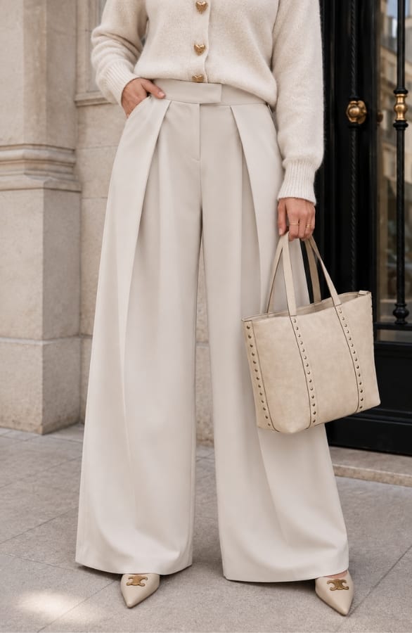 Pleated Wide Leg Pantalon Beige