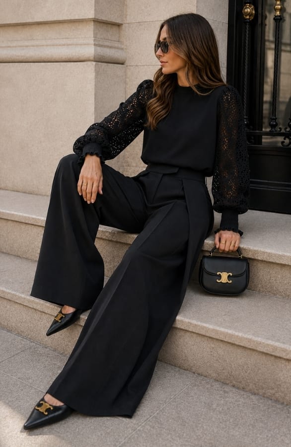 Pleated Wide Leg Pantalon Black – flared broeken — foto 3