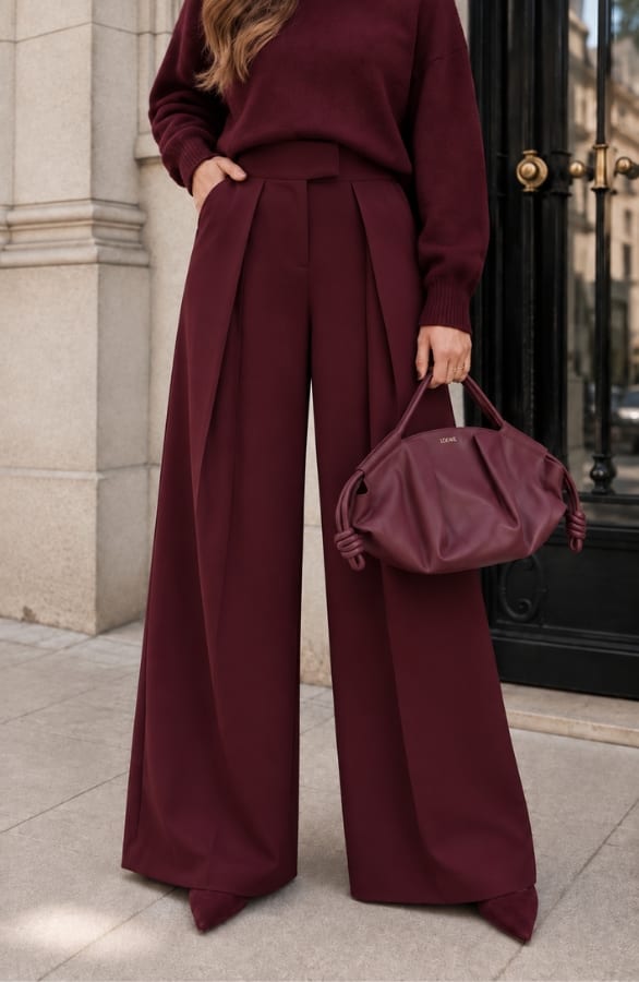 Pleated Wide Leg Pantalon Bordeaux