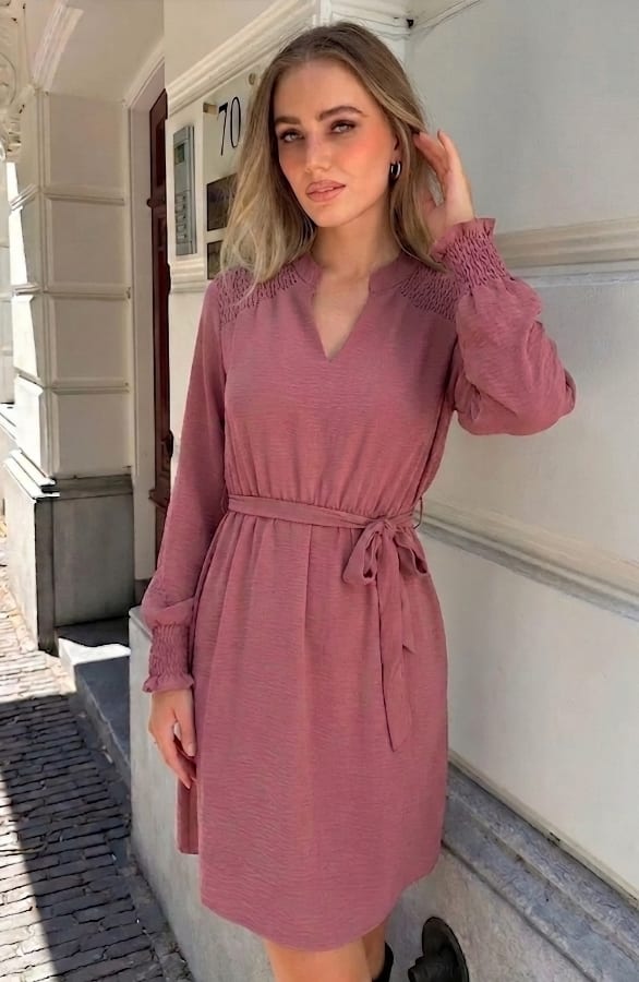 Smocked Shoulder Dress Dust Pink