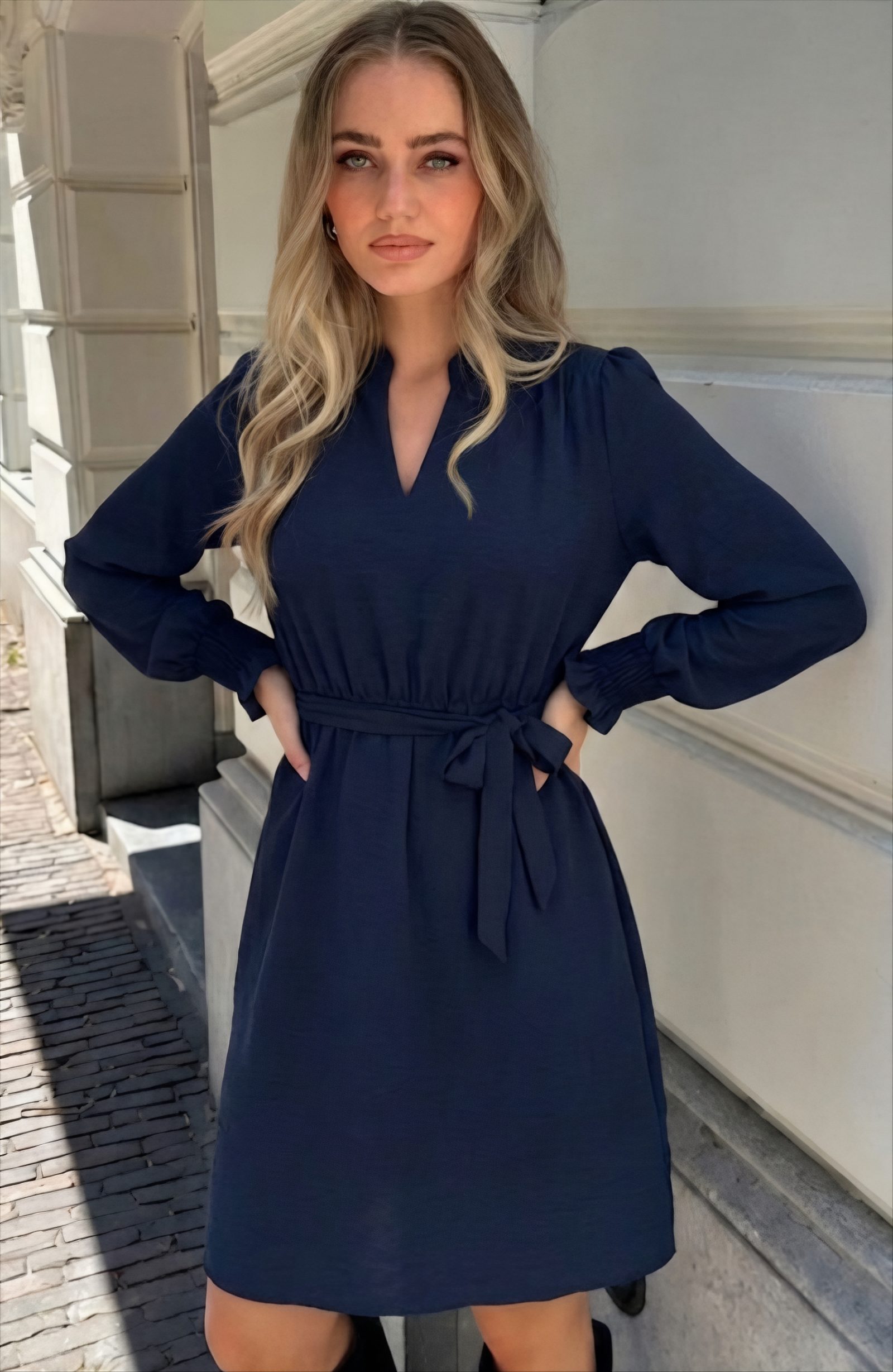 Smocked Shoulder Dress Navy