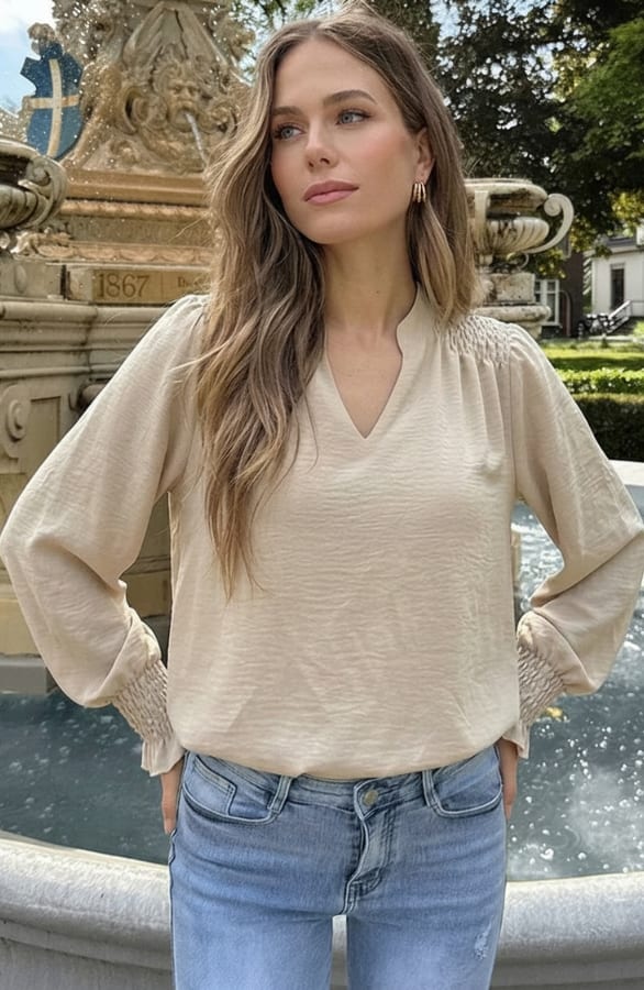 Smocked Detailed Blouse Beige – kleding — foto 4