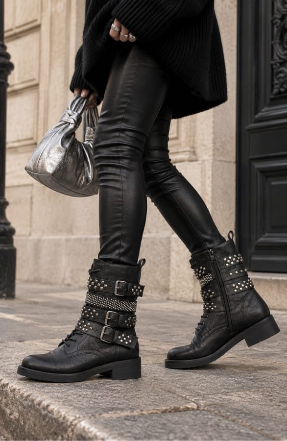 Studded Biker Boots Zwart