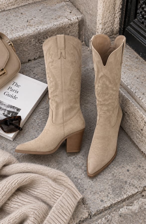 Suedine Look Western Boots Beige – schoenen, foto 2