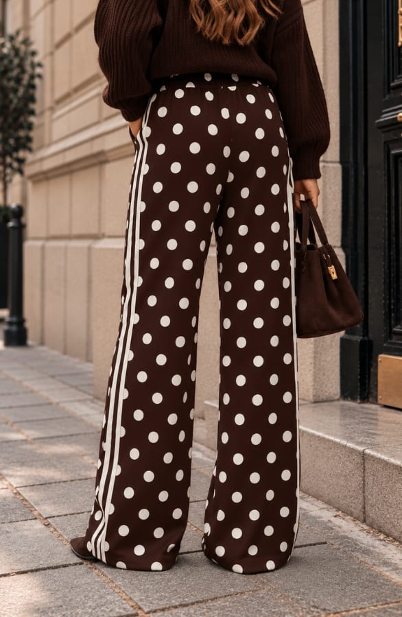 Polkadot Wide Leg Broek Met Bies Choco – flared broeken, foto 3