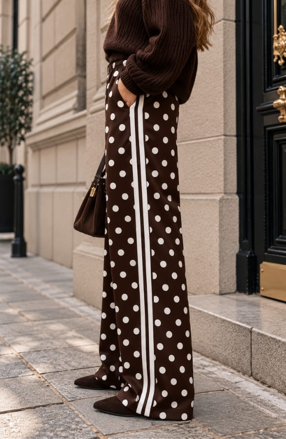 Polkadot Wide Leg Broek Met Bies Choco – flared broeken, foto 2