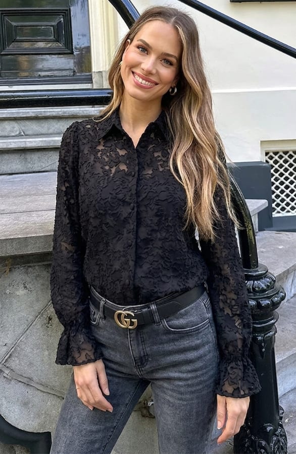 Floral Mesh Blouse Zwart – dameskleding, foto 3