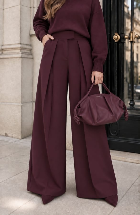 Pleated Wide Leg Pantalon Bordeaux