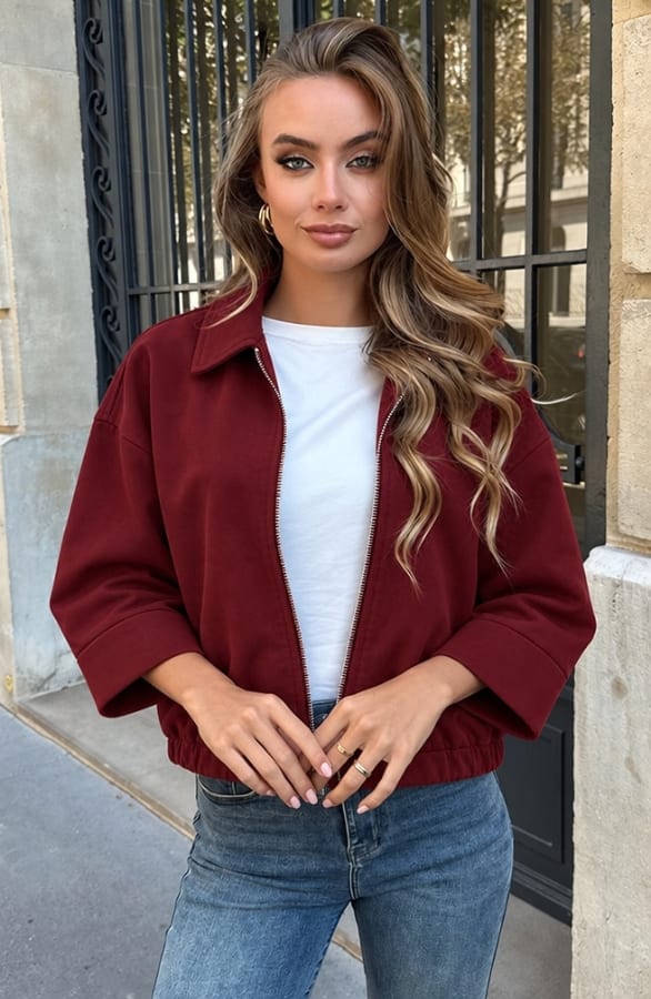 Casual Zip Up Jacket Burgundy – jassen, foto 3