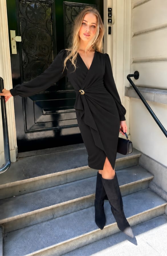 Detailed Midi Wrap Dress Black – alle jurkjes, foto 2