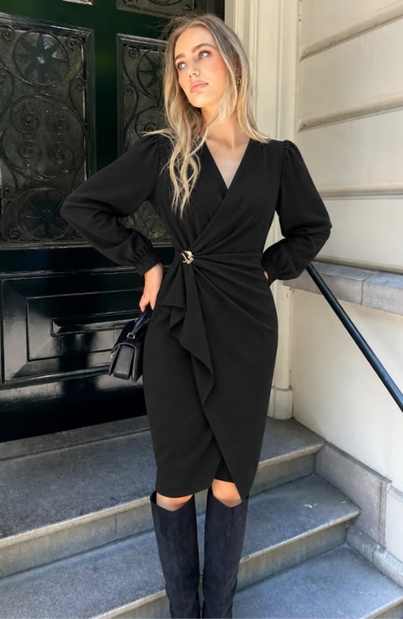 Detailed Midi Wrap Dress Black