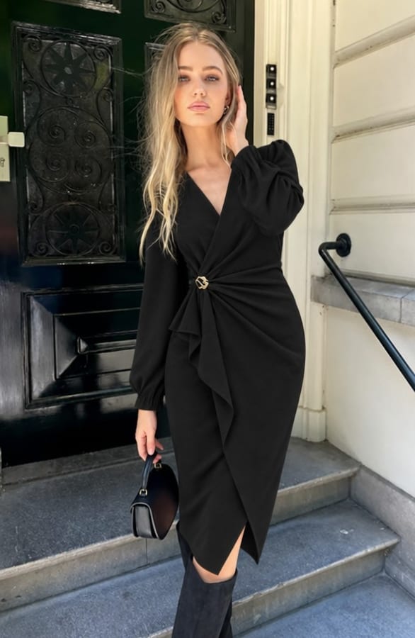 Detailed Midi Wrap Dress Black – alle jurkjes, foto 3