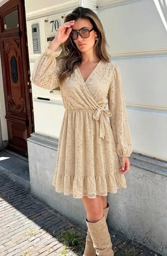 Elegance Flower Lace Dress Beige
