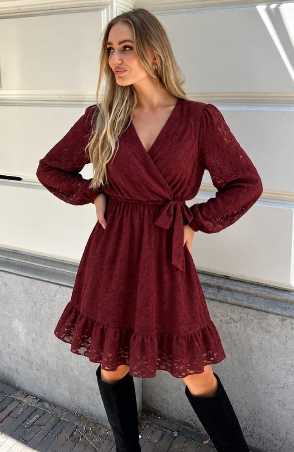Elegance Flower Lace Dress Bordeaux – alle jurkjes, foto 4