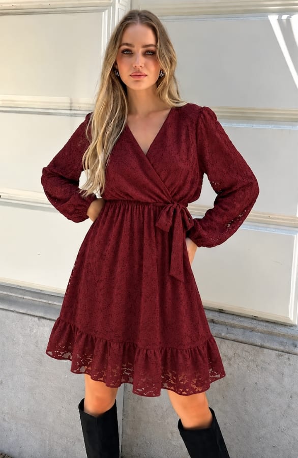Elegance Flower Lace Dress Bordeaux