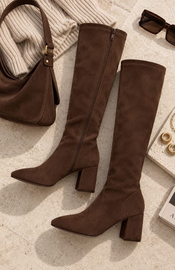 Suedine Knee High Hak Laarzen Choco – schoenen, foto 2