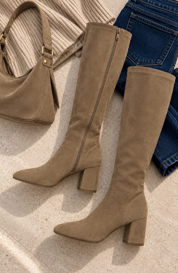 Suedine Knee High Hak Laarzen Taupe – schoenen, foto 2