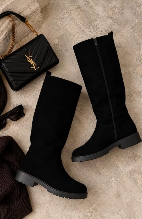 Suedine Knee High Zip Laarzen Zwart – schoenen, foto 2