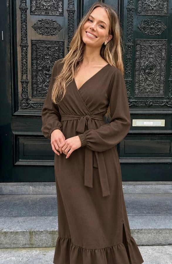 Ruffle Split Midi Jurk Choco – alle jurkjes, foto 2