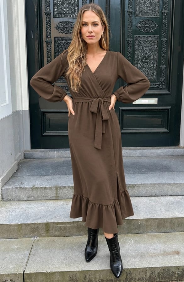 Ruffle Split Midi Jurk Choco