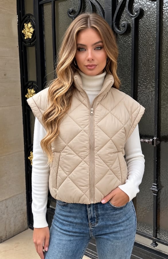 Gewatteerd Puffer Gilet Mila Beige – gilets, foto 4