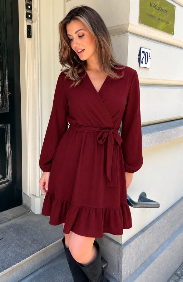 Smocked Strik Jurk Bordeaux