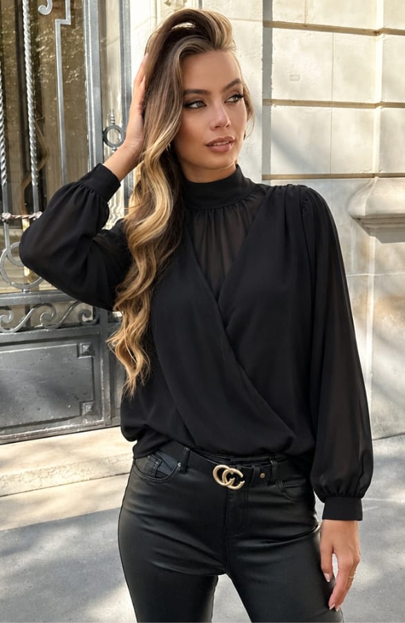 Overslag Col Blouse Nova Zwart – dameskleding, foto 2