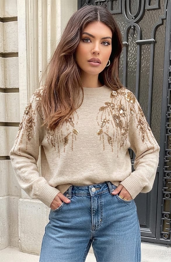 Sequin Detail Sweater Beige Gold – truien, foto 3