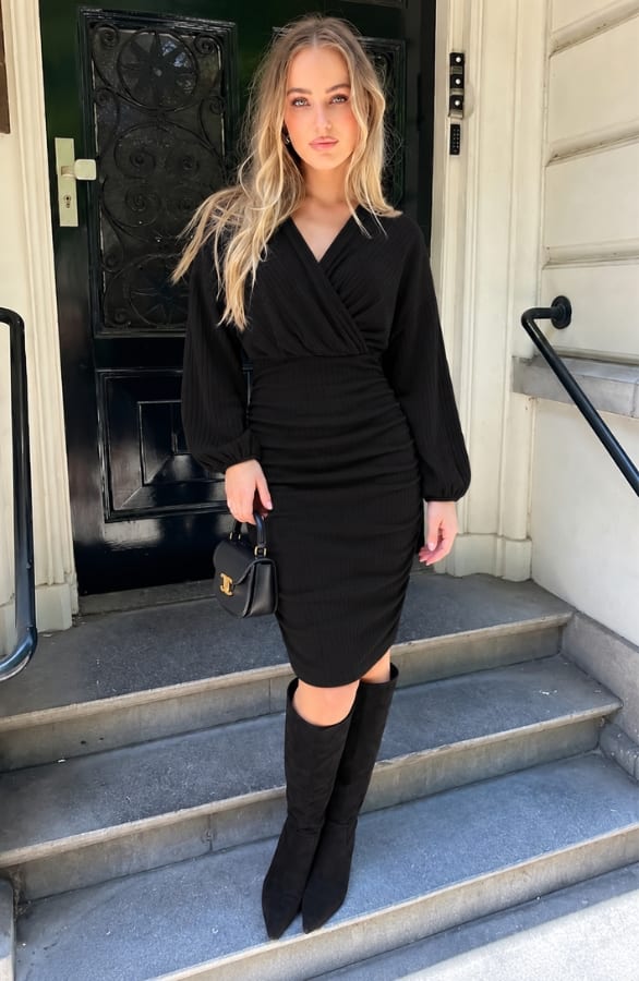 Ribbed Wrap Jurk Zwart – alle jurkjes, foto 5