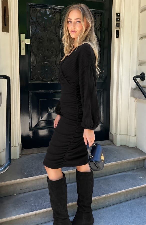 Ribbed Wrap Jurk Zwart – alle jurkjes, foto 3