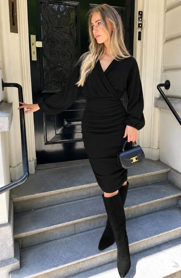 Ribbed Wrap Jurk Zwart – alle jurkjes, foto 4
